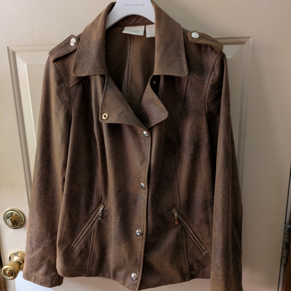 Chico's Distressed Faux Leather Brown Jacket With Epaulets And Gold Front Snaps